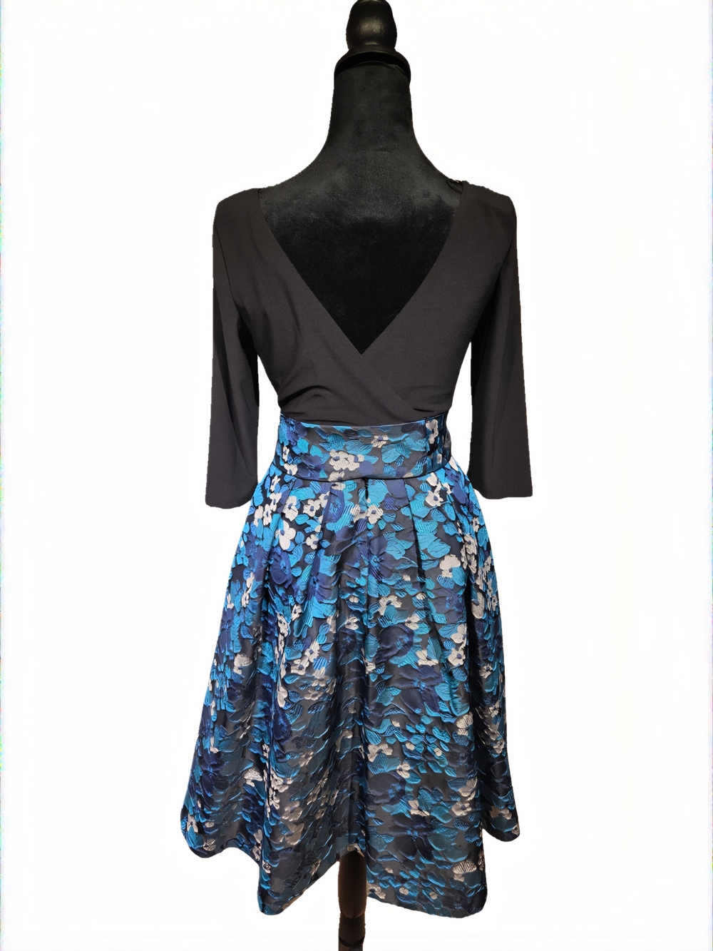 Adrianna Papell Dress Black with Blue Floral Fit-and-Flare Skirt - Picture 3 of 10